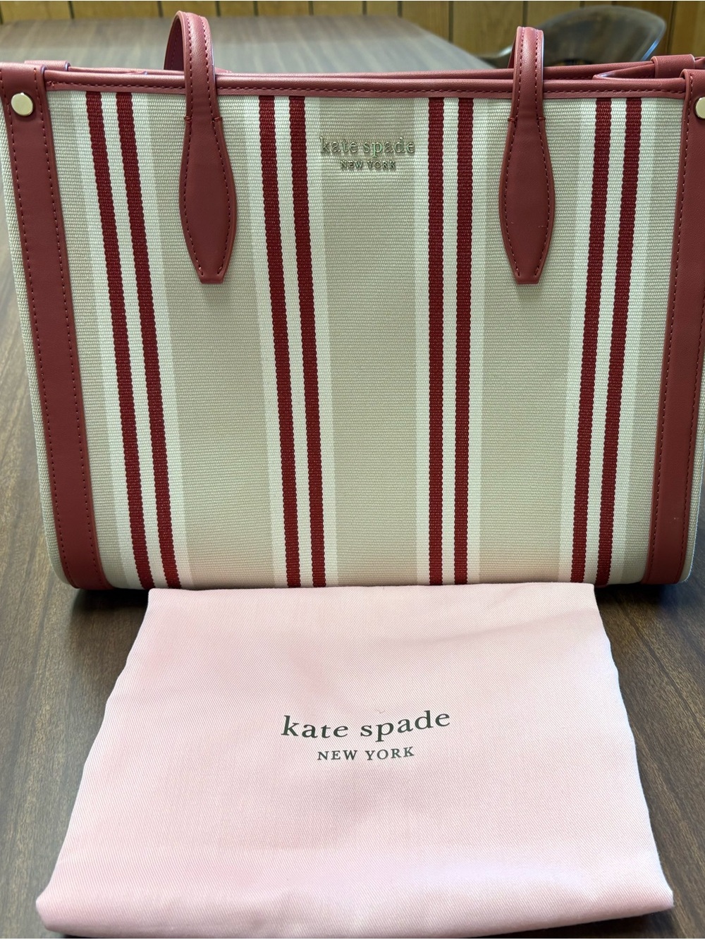kate spade Red & Cream Striped Canvas Tote with Pink Dust Bag